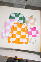 Pink Checkered Bishop Sleeve Sweater Sweaters JT's Designer Fashion