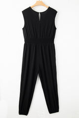 Black Plus Smocked High Waist Sleeveless V Neck Jumpsuit Plus Size Bottoms JT's Designer Fashion