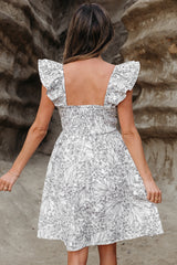 White Floral Print Pipping Trim Flutter Sleeve Mini Dress Floral Dresses JT's Designer Fashion