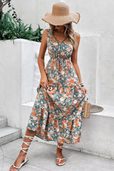 Green Floral Print Trimmed V Neck Tie Waist Sleeveless Holiday Long Dress Maxi Dresses JT's Designer Fashion