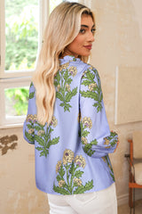 Sky Blue Floral Print Button Tie Neck Long Puff Sleeve Blouse Blouses & Shirts JT's Designer Fashion
