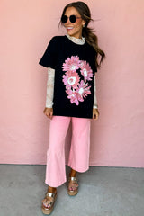 Black Pink Daisy Flower Printed Cotton Blend T Shirt Graphic Tees JT's Designer Fashion