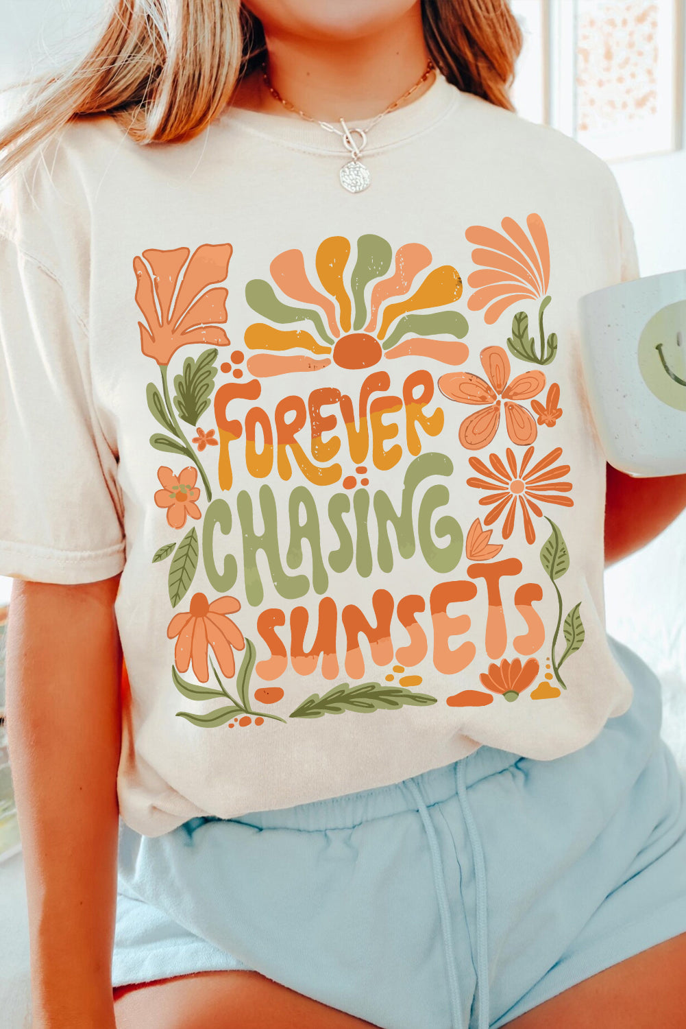White FOREVER CHASING SUNSETS Floral Print T Shirt Graphic Tees JT's Designer Fashion