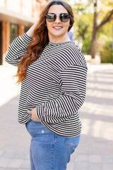 Black Stripe Drop Shoulder Puff Long Sleeve O Neck Plus Size T Shirt Plus Size Long Sleeve Tops JT's Designer Fashion