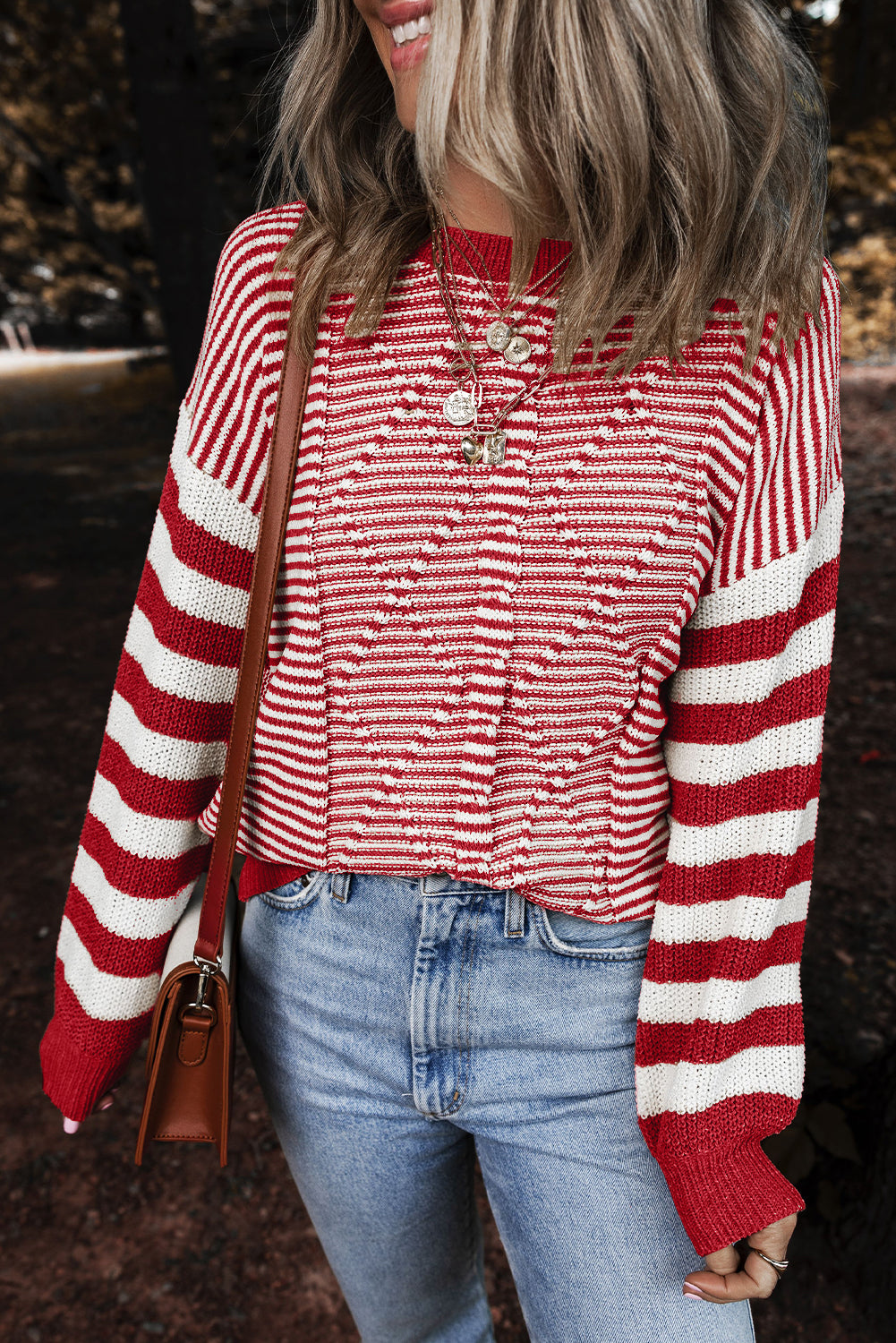Red Stripe Geometric Textured Drop Shoulder Sweater Red Stripe 60%Cotton+40%Acrylic Sweaters JT's Designer Fashion