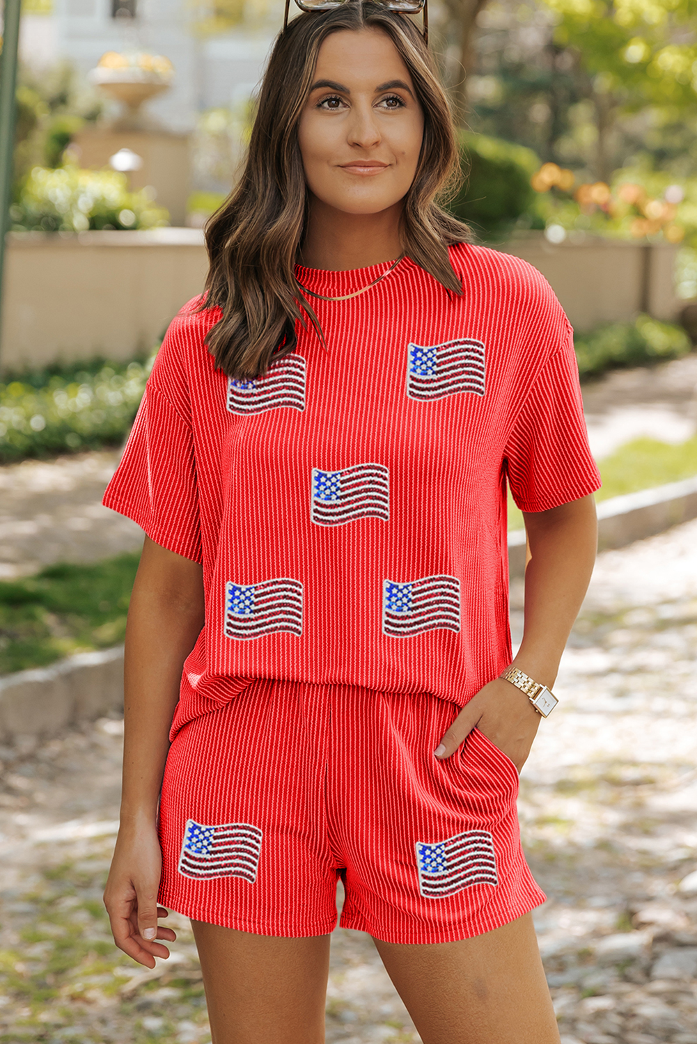 Orange Sequined American Flag Twisted Rib Texture 2pcs Short Set Graphic Sets JT's Designer Fashion