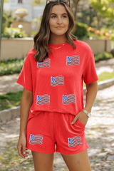 Orange Sequined American Flag Twisted Rib Texture 2pcs Short Set Graphic Sets JT's Designer Fashion