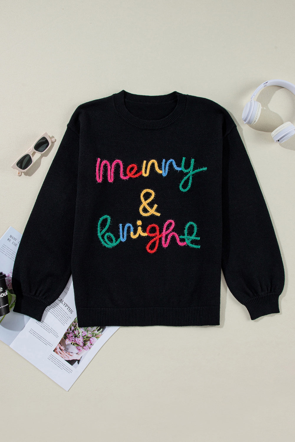 Black Colorful Merry & Bright Tinsel Graphic Sweater Sweaters JT's Designer Fashion