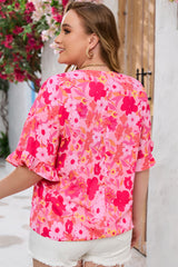 Rose Floral Print Ruffled Half Sleeve V Neck Babydoll Blouse Plus Size JT's Designer Fashion