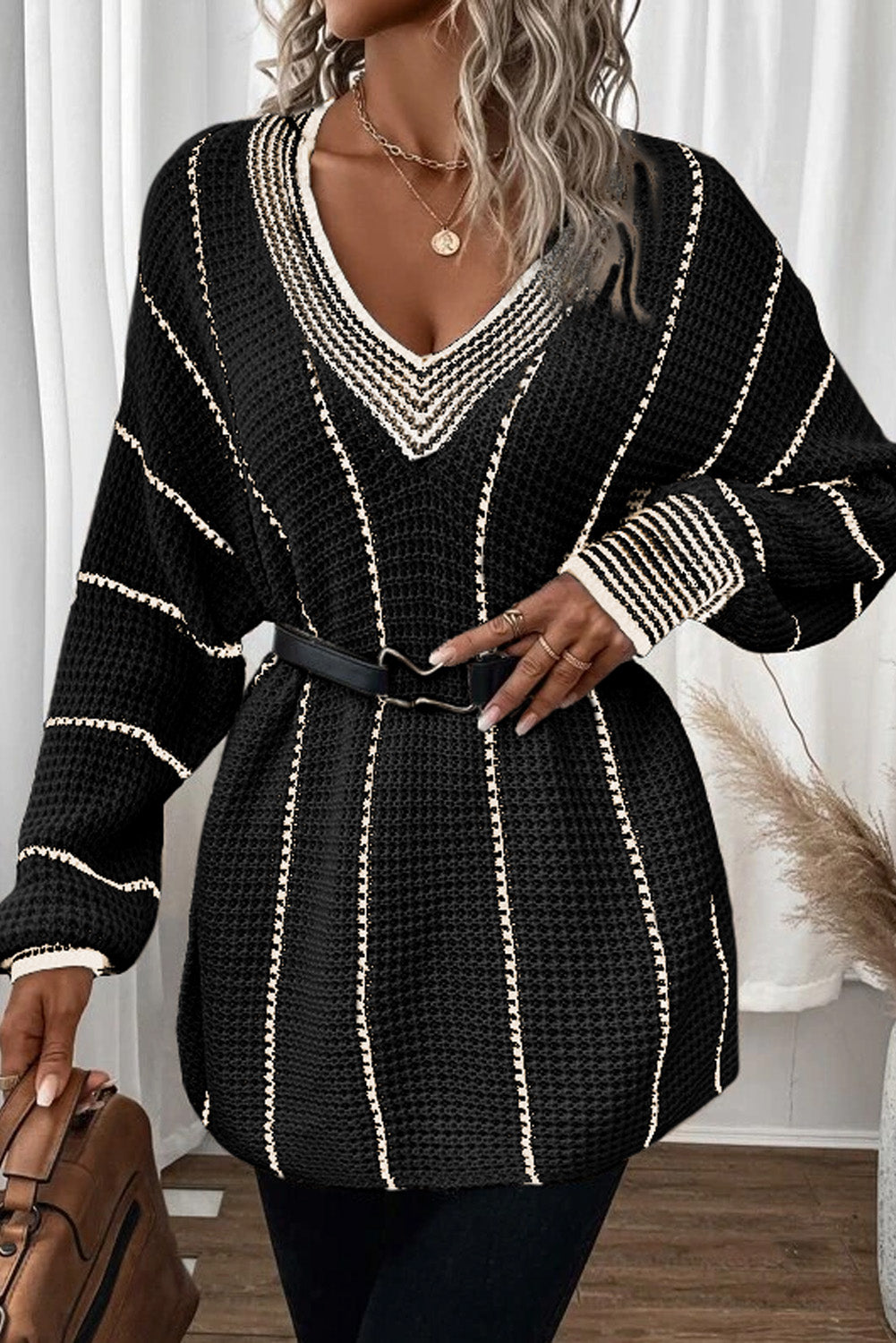 Black Colorblock Striped V Neck Knitted Loose Sweater Sweaters JT's Designer Fashion