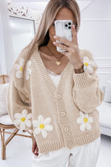 Parchment Elegant Flower Decor Button Front Cardigan Cardigans JT's Designer Fashion