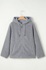 Medium Grey Fleece Zip Up Drawstring Hooded Pocketed Jacket Jackets JT's Designer Fashion