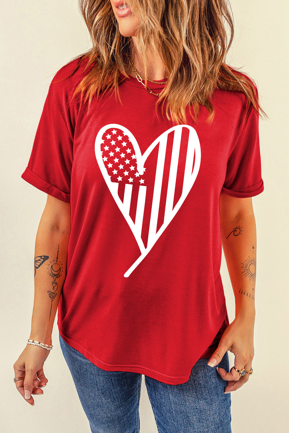 Red USA Flag Heart Shape Crew Neck Graphic T Shirt Graphic Tees JT's Designer Fashion