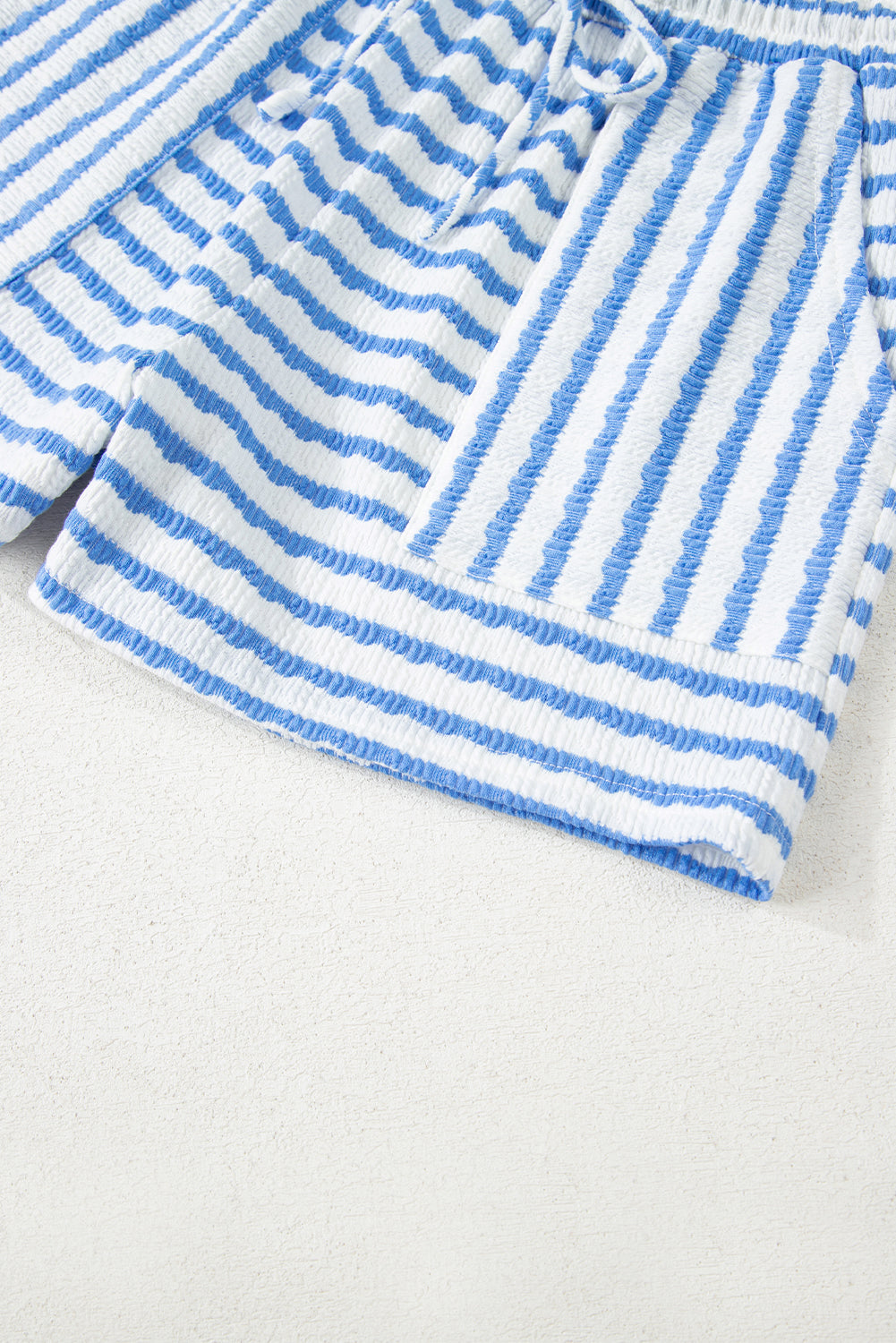 Sky Blue Stripe Knitted Short Sleeve Top and Drawstring Shorts Set Short Sets JT's Designer Fashion