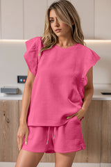 Bonbon Textured Ruffled Sleeve Tee and Drawstring Elastic Waistband Shorts Set Short Sets JT's Designer Fashion