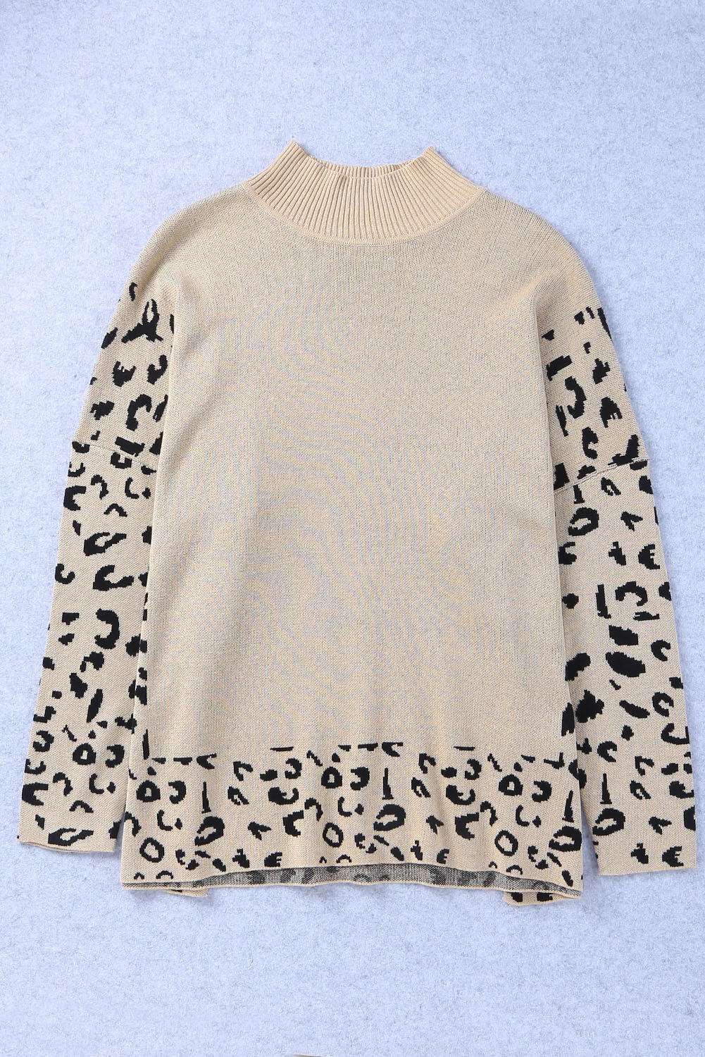 Khaki Leopard High Neck Side Slit Oversized Sweater Sweaters & Cardigans JT's Designer Fashion