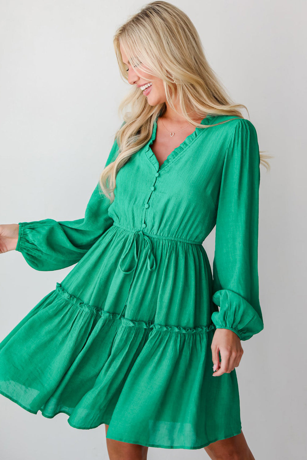 Sea Green Frilly V Neck Puff Sleeve Drawstring Shift Mini Dress Mini Dresses JT's Designer Fashion