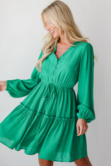 Sea Green Frilly V Neck Puff Sleeve Drawstring Shift Mini Dress Mini Dresses JT's Designer Fashion