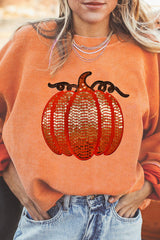 Orange Sequined Pumpkin Ribbed Round Neck Halloween Sweatshirt Graphic Sweatshirts JT's Designer Fashion