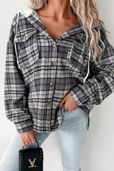 Black Plaid Print Flap Pockets Contrast Hooded Loose Shacket Black 100%Polyester Plaid Shackets JT's Designer Fashion
