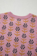 Pink Floral Button Down Ribbed Banded Cardigan Sweater Cardigans JT's Designer Fashion
