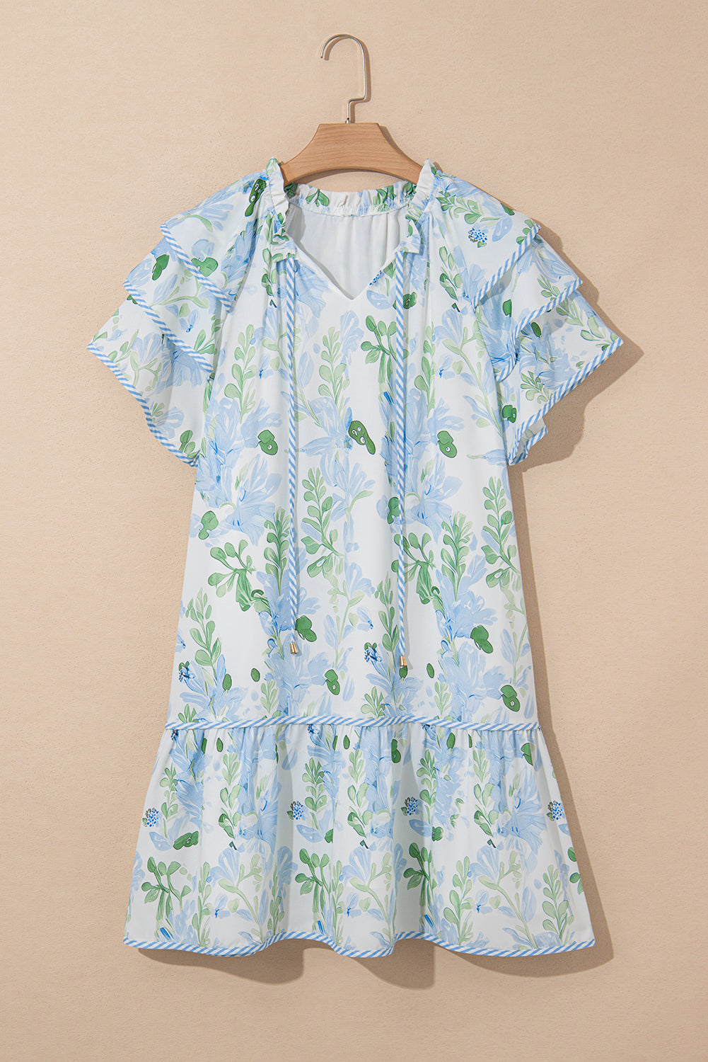 Sky Blue Floral Contrast Edge Layered Short Sleeve Mini Dress Floral Dresses JT's Designer Fashion