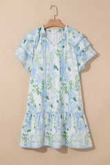 Sky Blue Floral Contrast Edge Layered Short Sleeve Mini Dress Floral Dresses JT's Designer Fashion