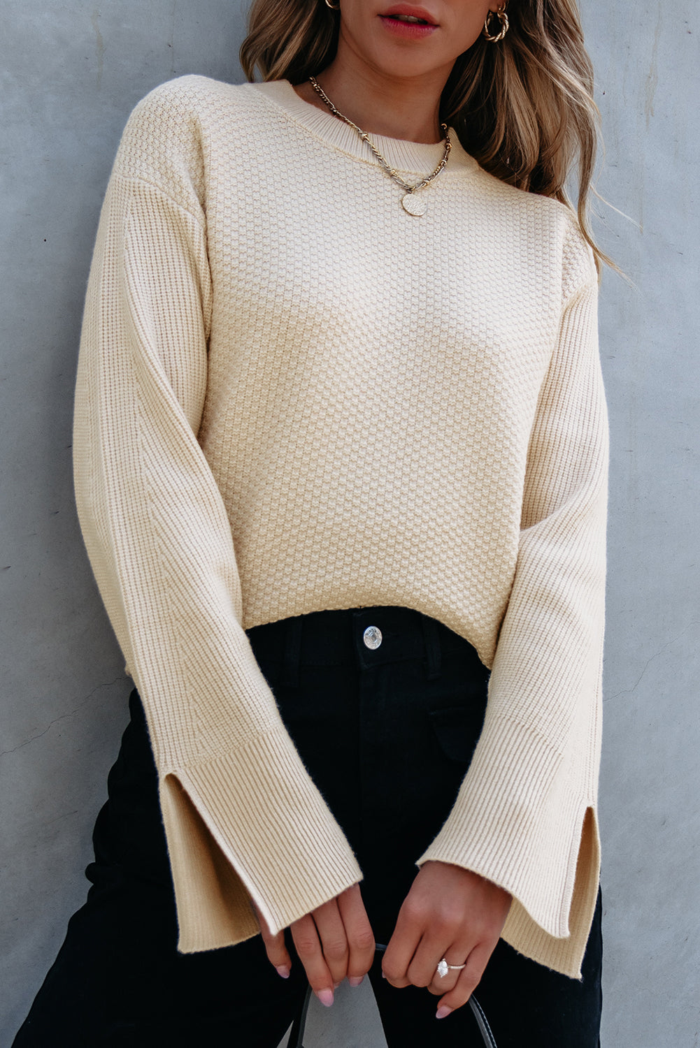 Parchment Solid Textured Knit Split Cuff Drop Shoulder Loose Sweater Sweaters JT's Designer Fashion