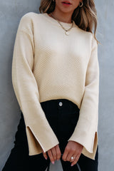 Parchment Solid Textured Knit Split Cuff Drop Shoulder Loose Sweater Sweaters JT's Designer Fashion