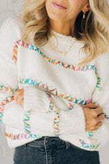 White Colorful Crossed Stitch Drop Shoulder Sweater Sweaters JT's Designer Fashion