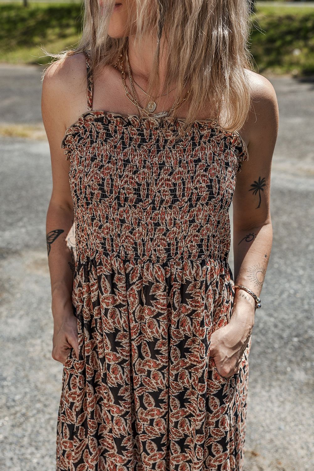 Brown Floral Smocked Bodice High Waist Flowy Sun Dress Floral Dresses JT's Designer Fashion