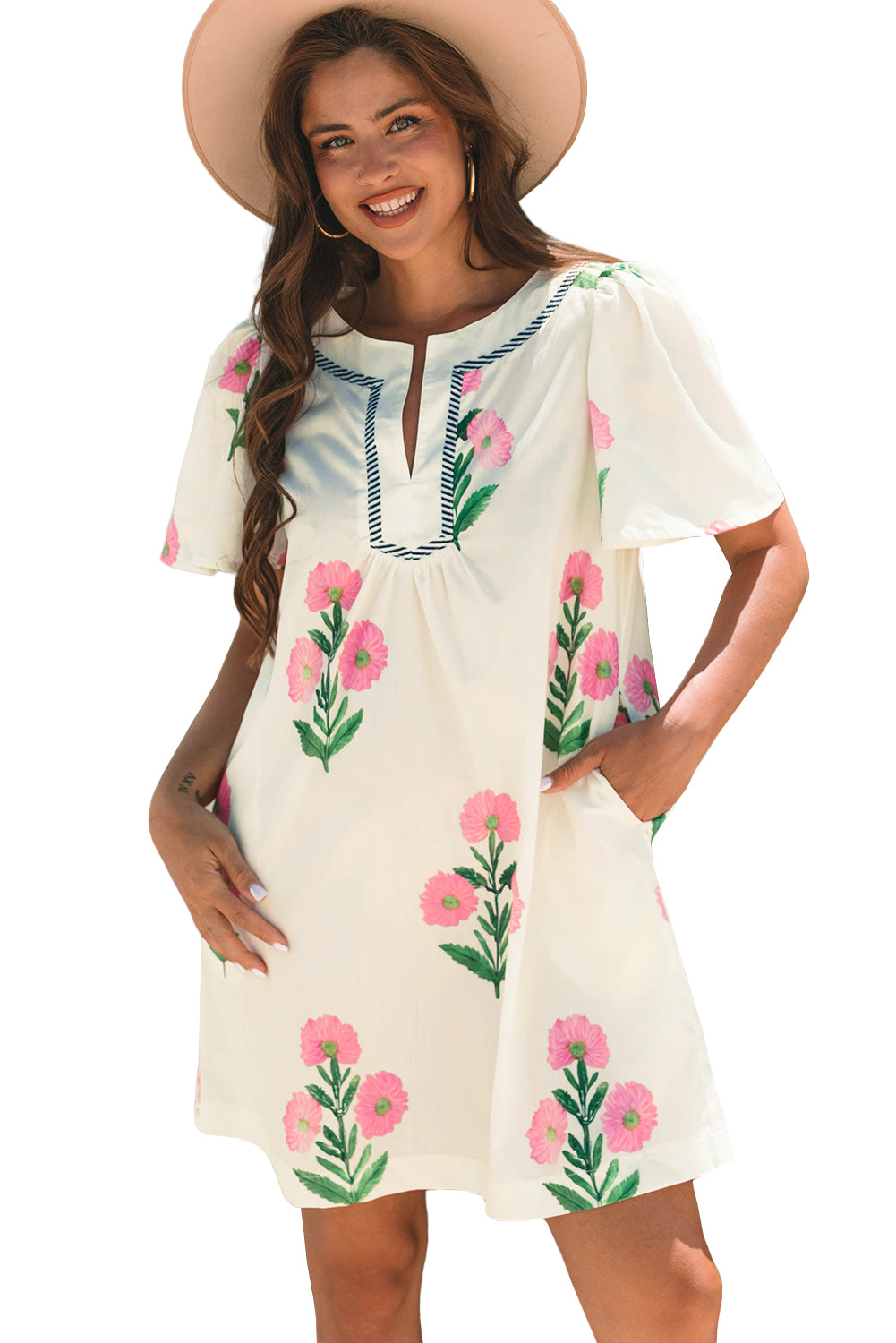 Apricot Floral Short Sleeve Split Neck Loose Mini Dress Floral Dresses JT's Designer Fashion