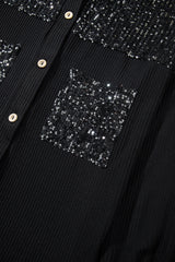 Black Sequin Patch Chest Pocket Corded Shacket Jackets JT's Designer Fashion
