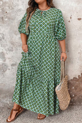 Green Geometric Floral Print Half Sleeve Plus Size Maxi Dress Plus Size Maxi Dresses JT's Designer Fashion