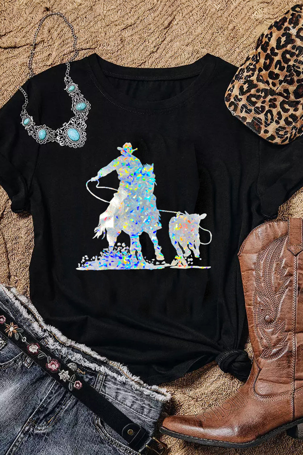 Black Laser Western Cowboy Graphic Crewneck Tee Graphic Tees JT's Designer Fashion