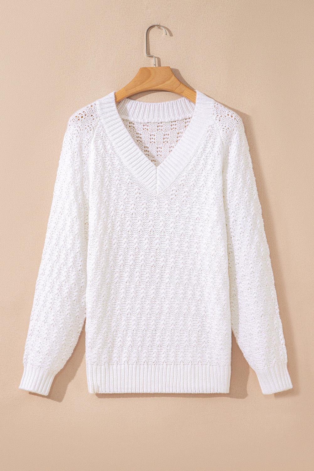 White Textured Knit Ribbed Edge V Neck Loose Sweater Sweaters JT's Designer Fashion