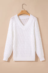 White Textured Knit Ribbed Edge V Neck Loose Sweater Sweaters JT's Designer Fashion