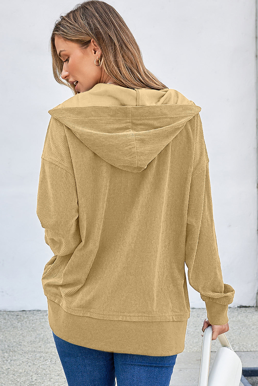 Simply Taupe Solid Ribbed Knit Buttoned Drop Shoulder Oversized Hoodie Sweatshirts & Hoodies JT's Designer Fashion