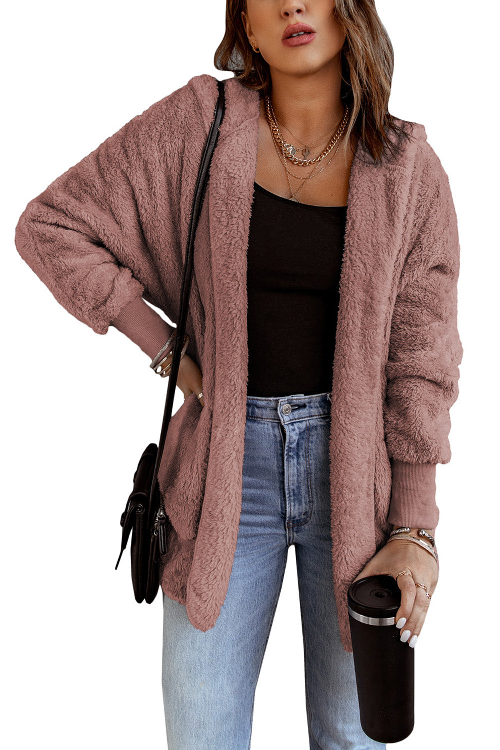 Pink Pink Soft Fleece Hooded Open Front Jacket Jackets JT's Designer Fashion