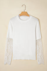 Beige Lace Sleeve Patchwork Faux Two-piece Fuzzy Sweater Sweaters JT's Designer Fashion