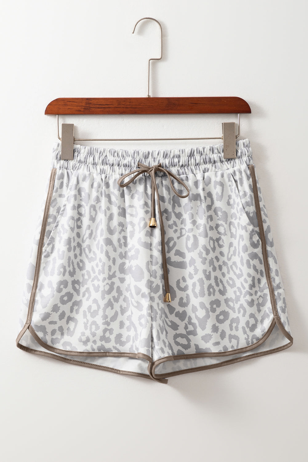 White Leopard Elastic Waist Lace up Contrast Trim Casual Shorts Casual Shorts JT's Designer Fashion