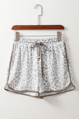 White Leopard Elastic Waist Lace up Contrast Trim Casual Shorts Casual Shorts JT's Designer Fashion