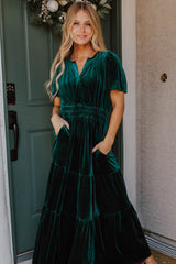 Evergreen Velvet Short Sleeve Shirred Waist Tiered Long Dress Maxi Dresses JT's Designer Fashion