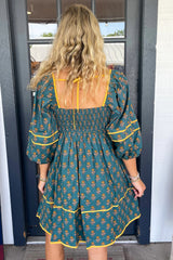 Skobeloff Floral Contrast Trim Square Neck Puff Sleeve Dress Floral Dresses JT's Designer Fashion