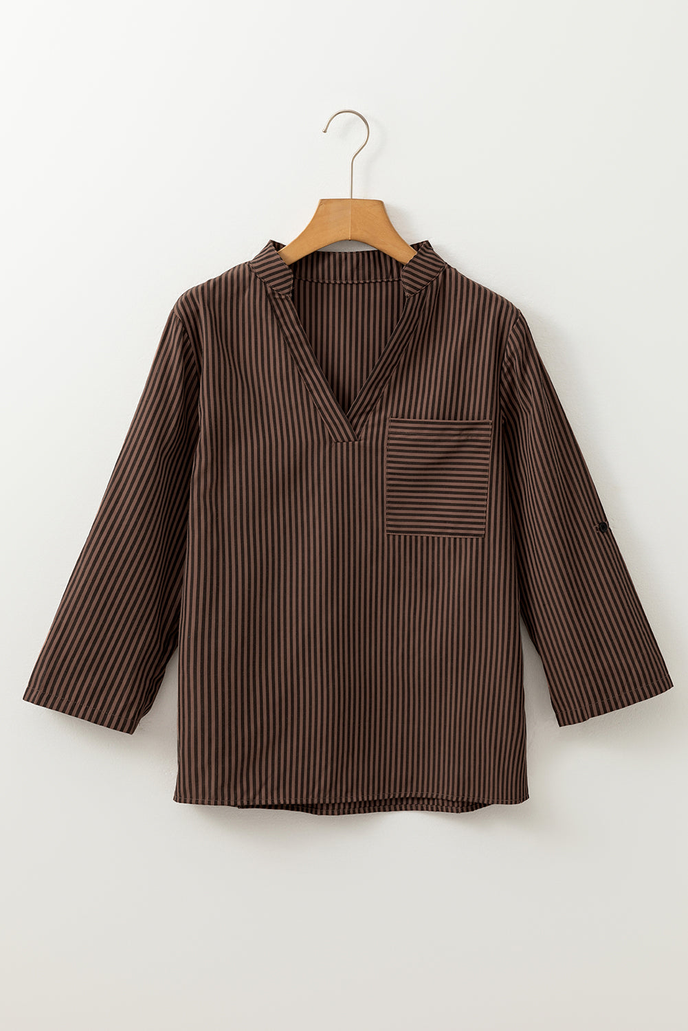 Brown Stripe V Neck Roll Up Sleeve Pocket Patched Classic Shirt Blouses & Shirts JT's Designer Fashion