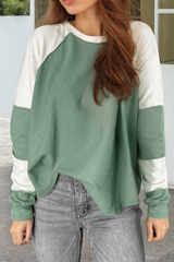 Mint Green Ribbed Colorblock Patchwork Raglan Long Sleeve Top Long Sleeve Tops JT's Designer Fashion