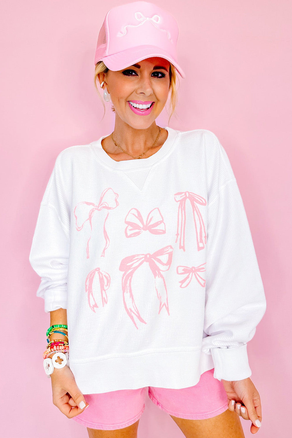 White Bowknot Pattern Corded Long Sleeve Drop Shoulder Top Long Sleeve Tops JT's Designer Fashion