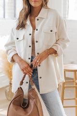 Solid Textured Flap Pocket Buttoned Shacket Beige 95%Polyester+5%Elastane Jackets JT's Designer Fashion
