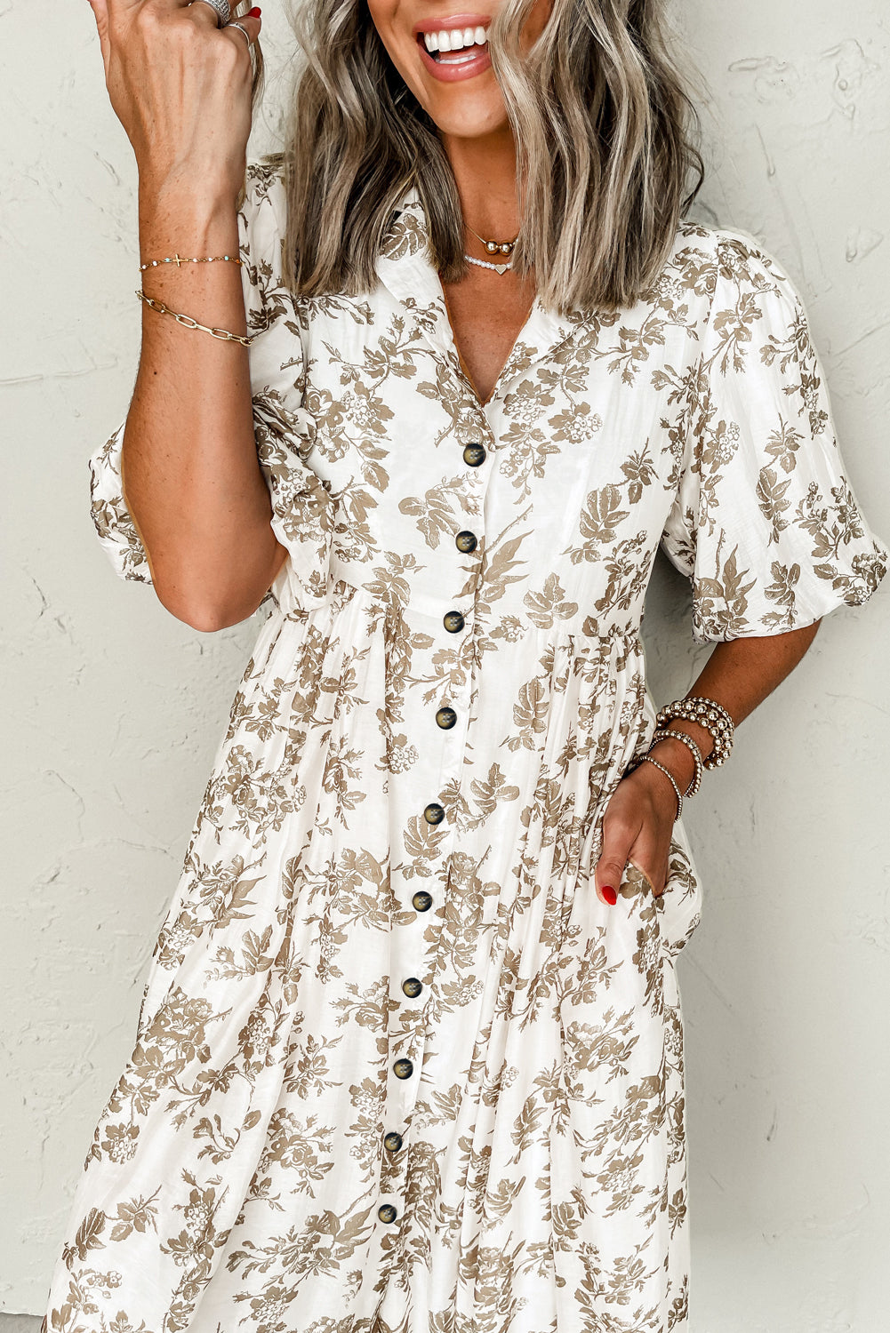 Khaki Floral Puff Sleeve V Neck Buttoned Front Long Dress Maxi Dresses JT's Designer Fashion
