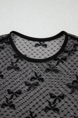 Black Bow Pattern Accent Mesh Long Sleeve Top Long Sleeve Tops JT's Designer Fashion